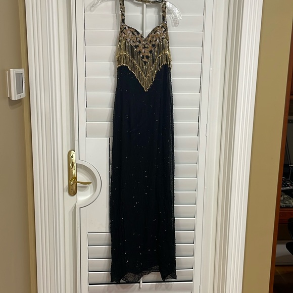 Landa size 10 100% Silk Black Gown accented with black and gold sequins. - Picture 1 of 8